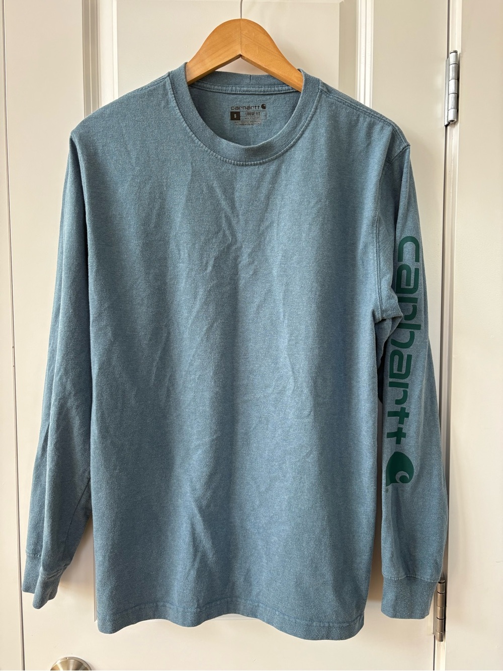Carhartt Men's Long Sleeve Crewneck Loose Fit Slate Blue with Teal Sleeve Logo